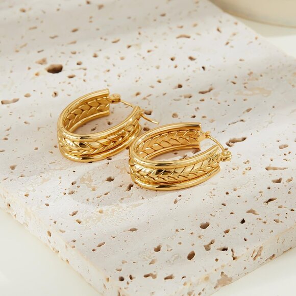 Gold Huggie Hoop Earrings for Women Stylish Hypoallergenic Wheat Texture Open De - Picture 5 of 6